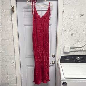 Red Sleeveless Maxi Dress Bow Tie Straps - Zipper Closure Side - Silk MEDIUM